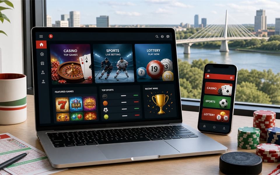 PlayNow MB dashboard with lottery and sports motifs
